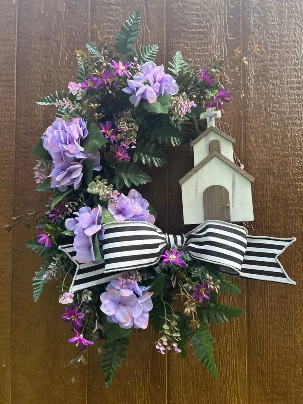 Handmade Lavender Floral Wreath with Striped Bow and Chapel Accent